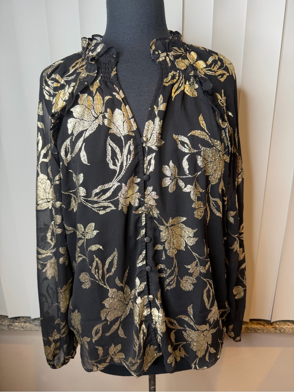 Haver Black Blouse Long Sleeve Gold Metallic Floral Print Evening Size Large